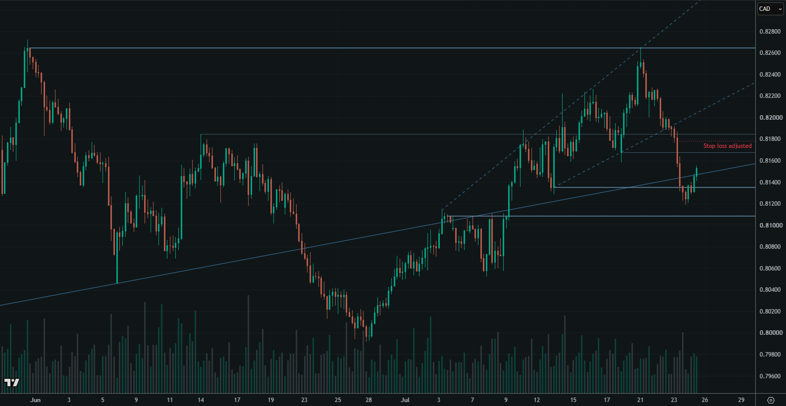 NZD/CAD chart showing price closing back above the swing and trend line