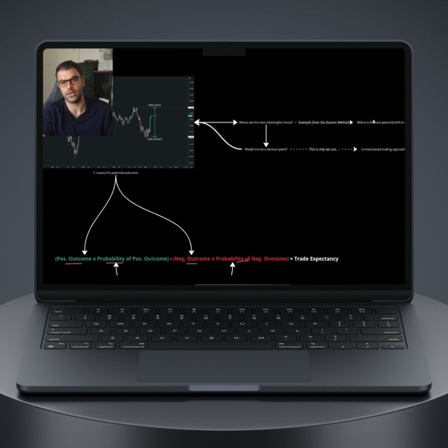 A preview of the Duomo free training: Nicholas Puri walking through chart analysis and the trade expectancy formula