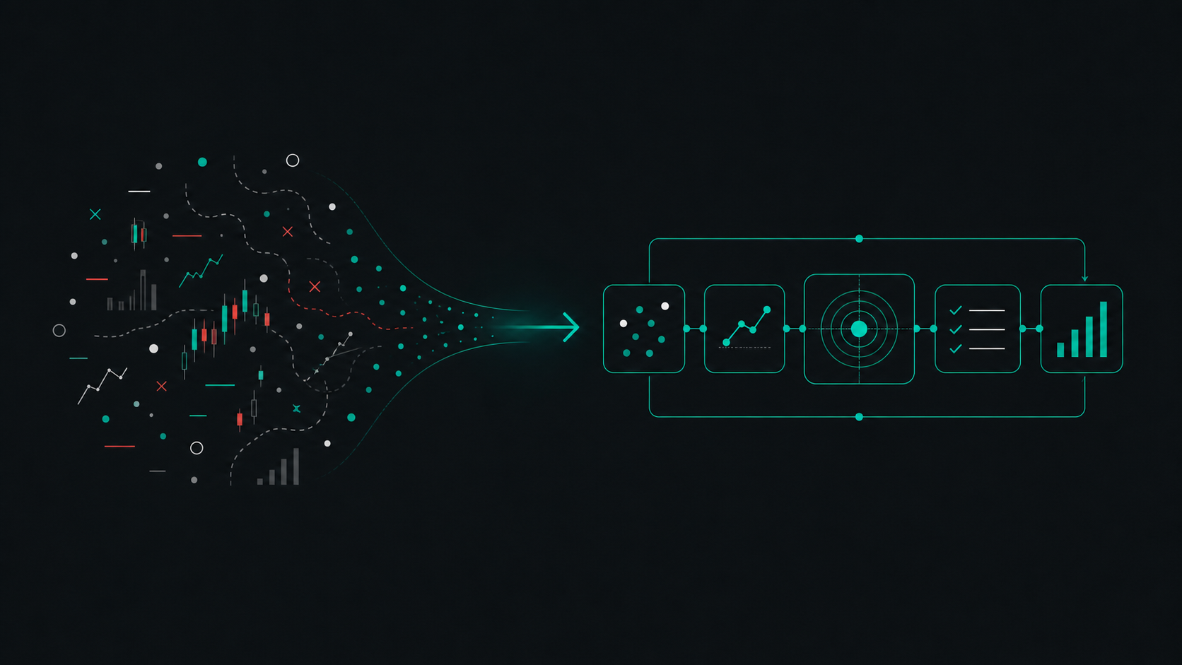 A transition from noisy signals to a calmer, more coherent process.